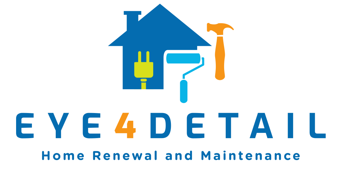 Eye4Detail's log with a blue house, green plug, blue roller brush, and orange hammer.